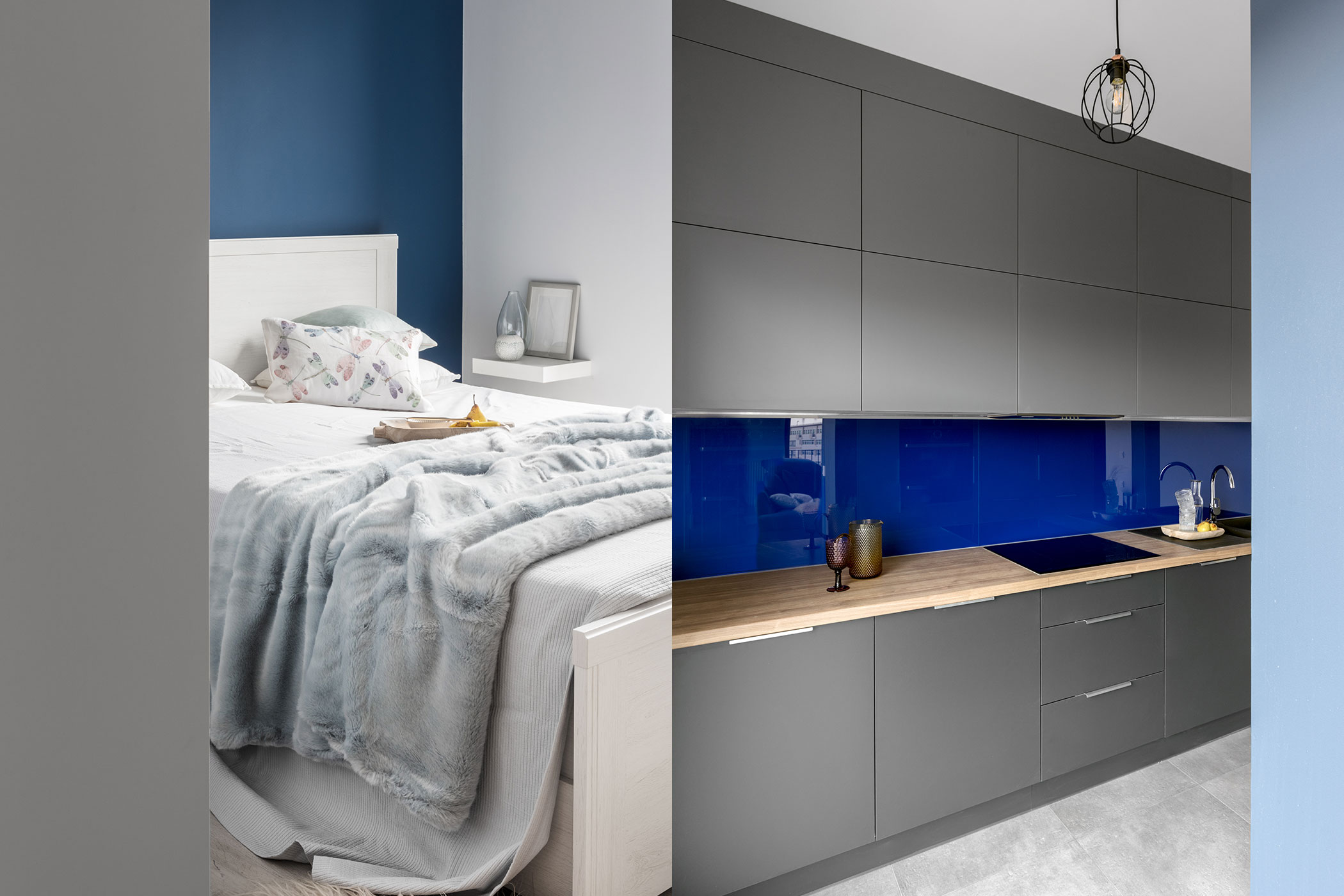 sypialnia i kuchnia w niebieskich kolorach